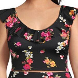 Land's End ruffle V-neck plus size black meadow floral midkini top adjust 18W